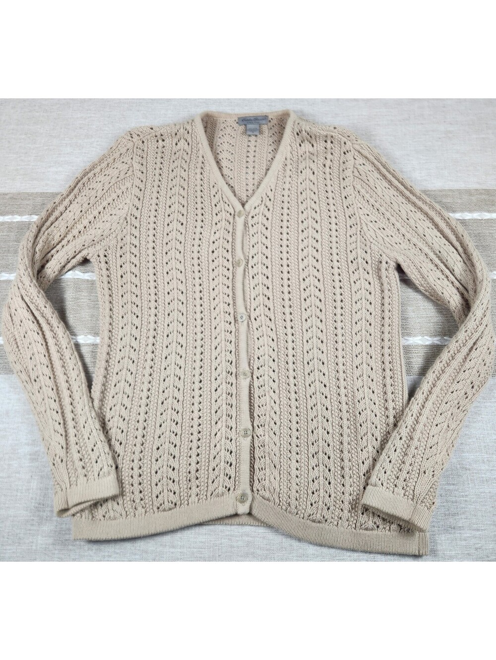 Eddie Bauer Women's Sweater Beige Cardigan Pointelle Knit Sheer Button Up Size M